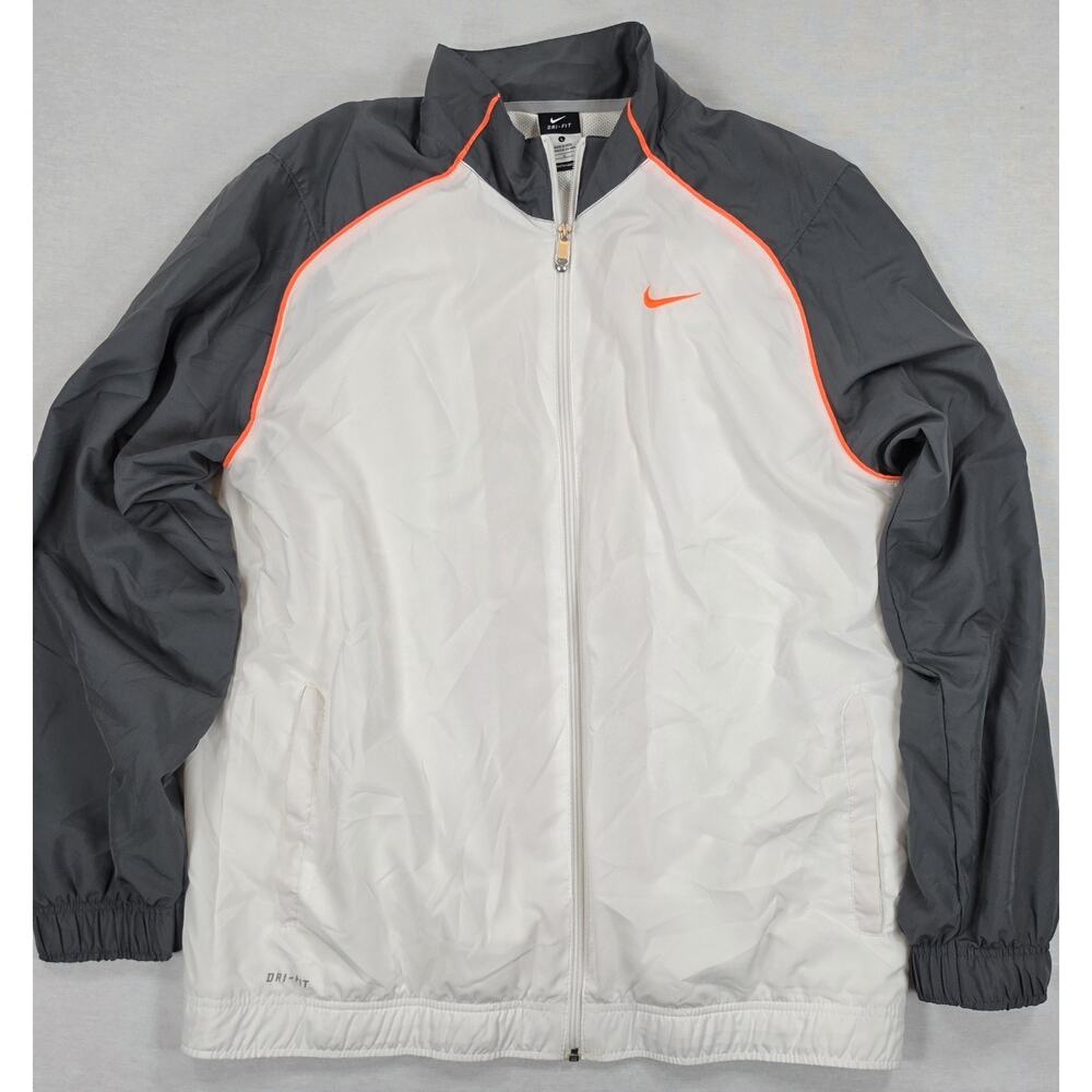 Nike Dri-FIT Windbreaker Jacket Mens Large Gray White Orange Full Zip Lined Y2K